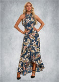 Allison Ruffle Floral Print High Neck Elegant A-line Polyester Asymmetrical Dresses STKP0022373