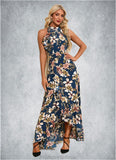 Allison Ruffle Floral Print High Neck Elegant A-line Polyester Asymmetrical Dresses STKP0022373