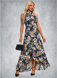 Allison Ruffle Floral Print High Neck Elegant A-line Polyester Asymmetrical Dresses STKP0022373