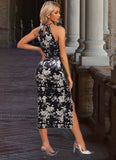 Lilith Floral Print Halter Elegant Bodycon Velvet Asymmetrical Dresses STKP0022380