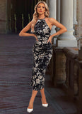 Lilith Floral Print Halter Elegant Bodycon Velvet Asymmetrical Dresses STKP0022380