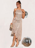 Lina Sequins High Neck Elegant A-line Sequin Asymmetrical Dresses STKP0022405