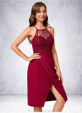 Destiney Sheath/Column V-Neck Knee-Length Chiffon Lace Cocktail Dress With Ruffle STKP0022421