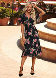 Elianna Floral Print V-Neck Elegant A-line Chiffon Midi Dresses STKP0022424