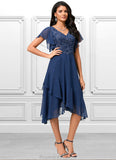 Skyla A-line V-Neck Tea-Length Chiffon Lace Cocktail Dress With Cascading Ruffles STKP0022430