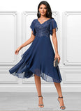 Skyla A-line V-Neck Tea-Length Chiffon Lace Cocktail Dress With Cascading Ruffles STKP0022430