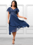 Skyla A-line V-Neck Tea-Length Chiffon Lace Cocktail Dress With Cascading Ruffles STKP0022430