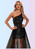 Mikayla Sequins One Shoulder Elegant A-line Bodycon Tulle Sequin Asymmetrical Dresses STKP0022433