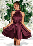 Alissa Ruffle High Neck Elegant A-line Satin Mini Dresses STKP0022436