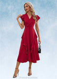 Virginia Cascading Ruffles V-Neck Elegant A-line Cotton Blends Midi Dresses STKP0022444