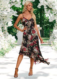 Phoebe Ruffle Floral Print V-Neck Elegant A-line Chiffon Asymmetrical Dresses STKP0022447