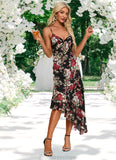 Phoebe Ruffle Floral Print V-Neck Elegant A-line Chiffon Asymmetrical Dresses STKP0022447