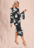 Tanya Floral Print High Neck Elegant Bodycon Spandex Midi Dresses STKP0022470