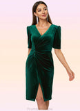 Siena Sheath/Column V-Neck Knee-Length Velvet Cocktail Dress With Pleated STKP0022485