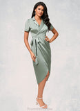 Esperanza Sheath/Column V-Neck Asymmetrical Satin Cocktail Dress With Bow STKP0022488