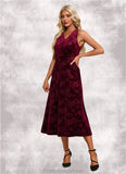 Courtney Flower V-Neck Elegant A-line Velvet Midi Dresses STKP0022504