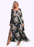 Kara Floral Print Off the Shoulder Elegant A-line Chiffon Maxi Dresses STKP0022515