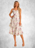 Campbell A-line V-Neck Tea-Length Chiffon Bridesmaid Dress With Cascading Ruffles Floral Print STKP0022567