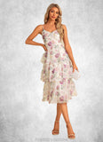 Campbell A-line V-Neck Tea-Length Chiffon Bridesmaid Dress With Cascading Ruffles Floral Print STKP0022567