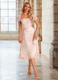 Avery A-line Square Tea-Length Chiffon Bridesmaid Dress With Floral Print STKP0022570