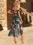 Mariam A-line Sweetheart Tea-Length Asymmetrical Chiffon Bridesmaid Dress With Floral Print Ruffle STKP0022572