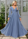 Camila A-line V-Neck Floor-Length Chiffon Bridesmaid Dress STKP0022579