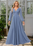 Camila A-line V-Neck Floor-Length Chiffon Bridesmaid Dress STKP0022579