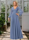 Camila A-line V-Neck Floor-Length Chiffon Bridesmaid Dress STKP0022579