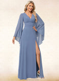 Janiah A-line V-Neck Floor-Length Chiffon Bridesmaid Dress STKP0022580