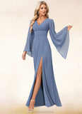 Janiah A-line V-Neck Floor-Length Chiffon Bridesmaid Dress STKP0022580