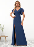 Jean A-line V-Neck Floor-Length Chiffon Bridesmaid Dress With Ruffle STKP0022582