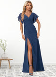 Jean A-line V-Neck Floor-Length Chiffon Bridesmaid Dress With Ruffle STKP0022582