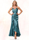 Livia A-line V-Neck Asymmetrical Stretch Satin Bridesmaid Dress With Ruffle STKP0022584