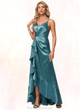 Livia A-line V-Neck Asymmetrical Stretch Satin Bridesmaid Dress With Ruffle STKP0022584