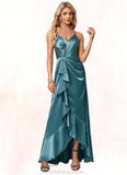 Livia A-line V-Neck Asymmetrical Stretch Satin Bridesmaid Dress With Ruffle STKP0022584