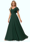 Nathaly A-line V-Neck Floor-Length Chiffon Bridesmaid Dress With Ruffle STKP0022591