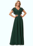 Nathaly A-line V-Neck Floor-Length Chiffon Bridesmaid Dress With Ruffle STKP0022591