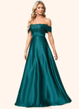 Tiana A-line Off the Shoulder Floor-Length Stretch Satin Bridesmaid Dress STKP0022595