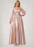 Precious A-line V-Neck Floor-Length Stretch Satin Bridesmaid Dress STKP0022597