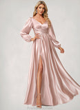 Precious A-line V-Neck Floor-Length Stretch Satin Bridesmaid Dress STKP0022597