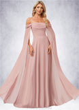 Alexis A-line Cold Shoulder Square Floor-Length Chiffon Bridesmaid Dress With Ruffle STKP0022598