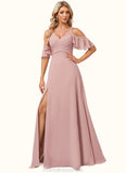 Carla A-line Cold Shoulder Floor-Length Chiffon Bridesmaid Dress With Ruffle STKP0022599