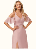 Carla A-line Cold Shoulder Floor-Length Chiffon Bridesmaid Dress With Ruffle STKP0022599