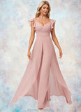 Donna Jumpsuit/Pantsuit V-Neck Floor-Length Chiffon Bridesmaid Dress With Ruffle STKP0022600