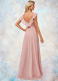 Donna Jumpsuit/Pantsuit V-Neck Floor-Length Chiffon Bridesmaid Dress With Ruffle STKP0022600