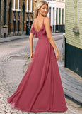 Gill A-line V-Neck Floor-Length Chiffon Bridesmaid Dress With Ruffle STKP0022604