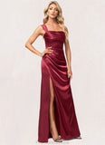 June A-line Square Floor-Length Stretch Satin Bridesmaid Dress STKP0022607