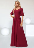 Keira A-line V-Neck Floor-Length Chiffon Bridesmaid Dress STKP0022608