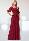 Keira A-line V-Neck Floor-Length Chiffon Bridesmaid Dress STKP0022608