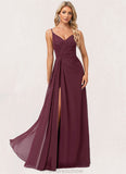 London A-line V-Neck Floor-Length Chiffon Bridesmaid Dress With Ruffle STKP0022611